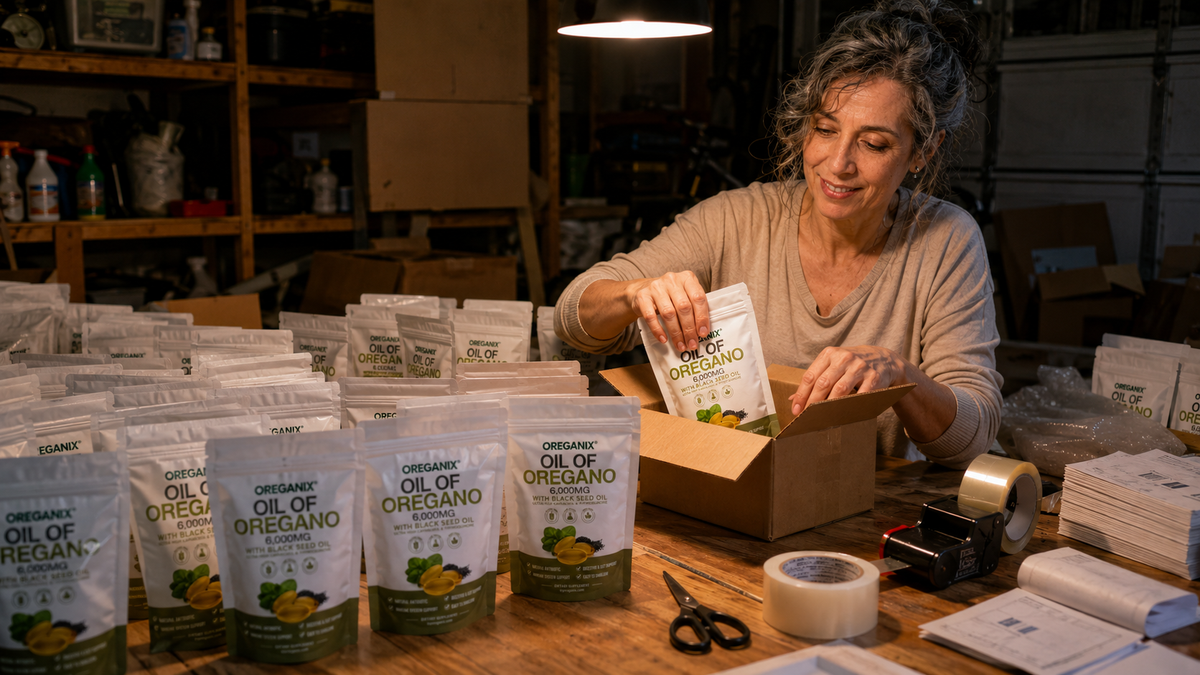Hand-packing the first pouches at a kitchen table