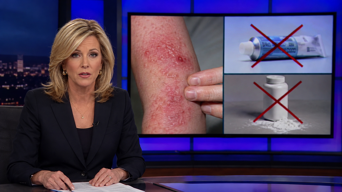 News Broadcast Hero — TV anchor with eczema medical images on screen
