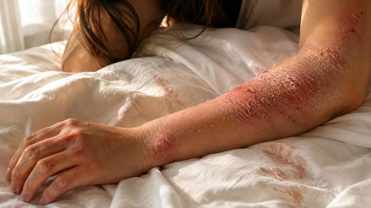Morning evidence of overnight eczema scratching