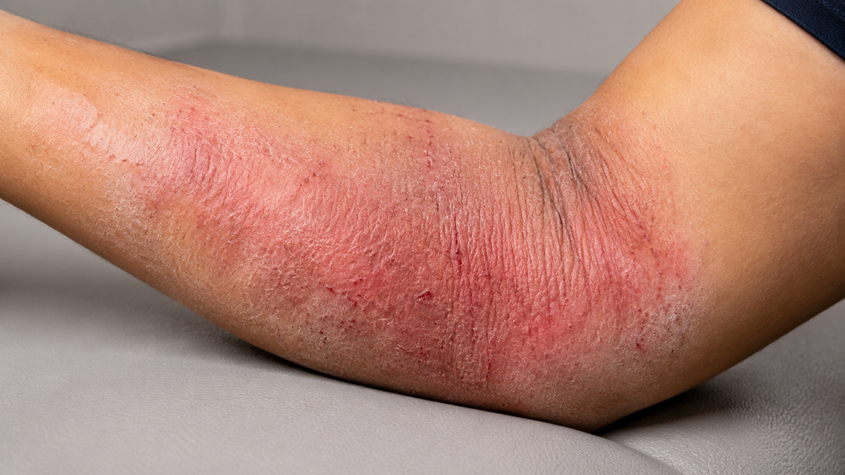 Image — Close-up eczema on forearms, emotional context