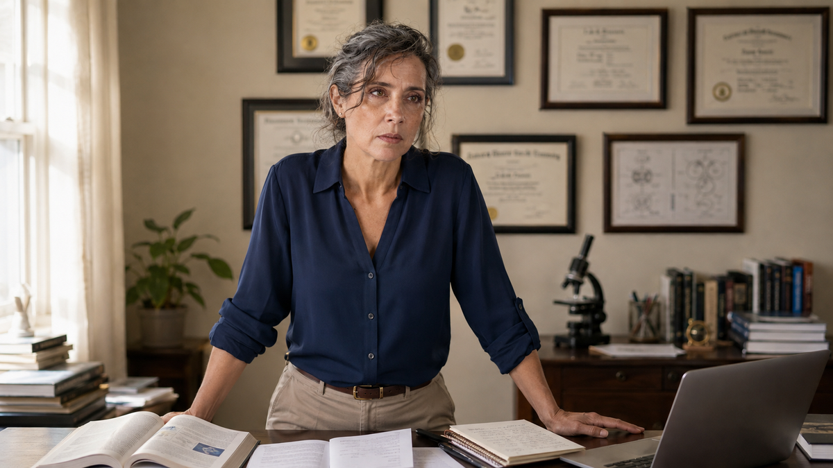 Dr. Margaret Ashford — editorial portrait, pharmaceutical scientist, navy blouse, home office