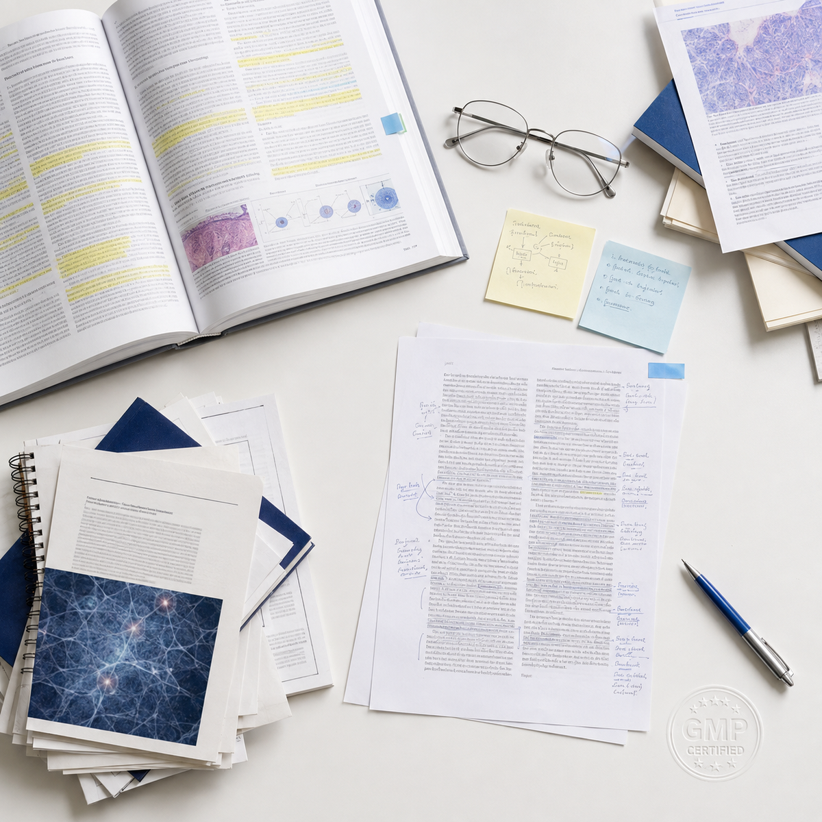 Research Flat-lay — kitchen table covered with medical journals, laptop, yellow legal pad, 1 AM